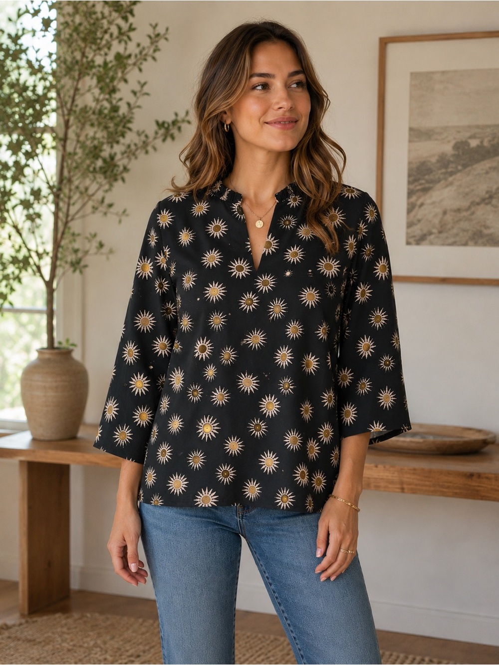 Sheridan French Daisy Print Blouse Large Black Gold 3/4 Sleeve Cotton Lycra Top
